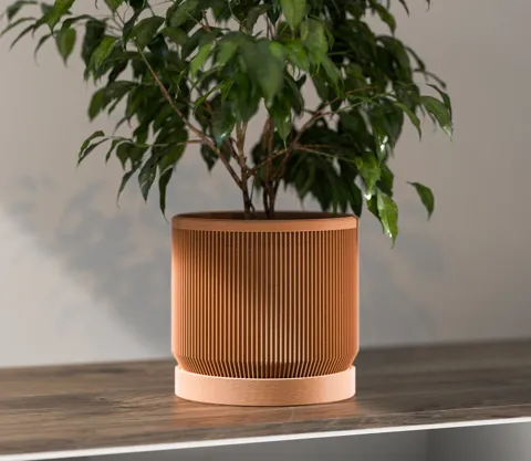 Mid Century Modern Ribbed Planter with Drip Tray view 2