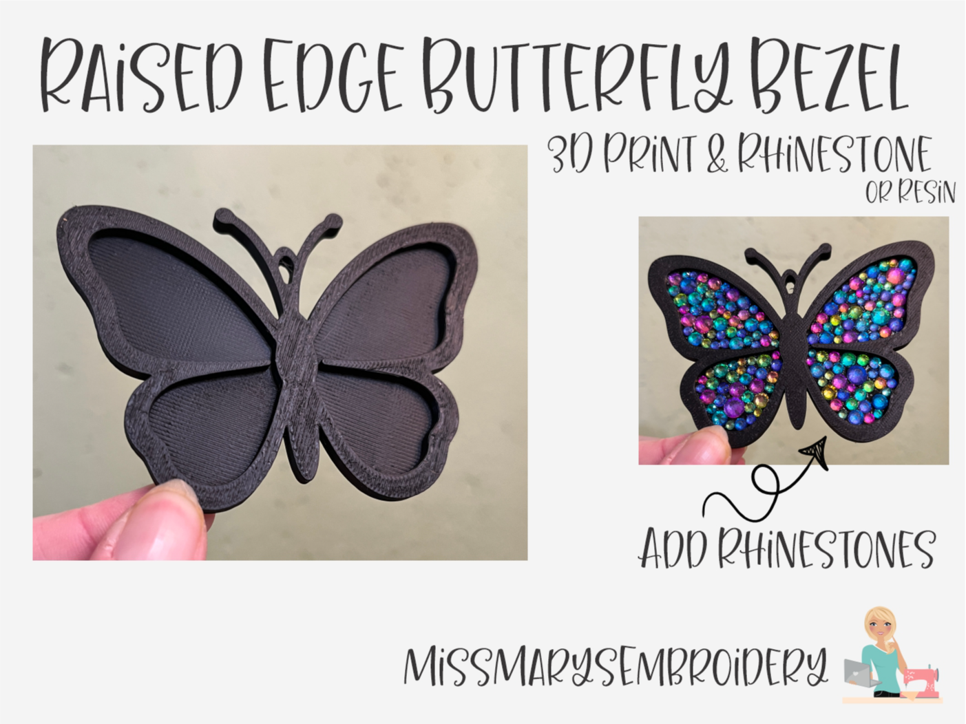 Butterfly Outline Frame -- 3d Print & Rhinestone