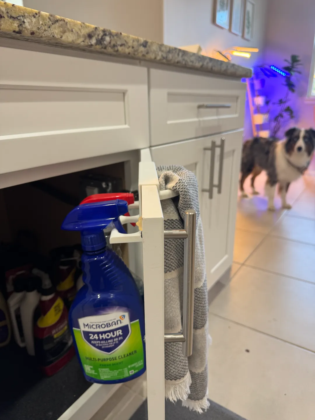 Towel holder with spray bottle storage view 2