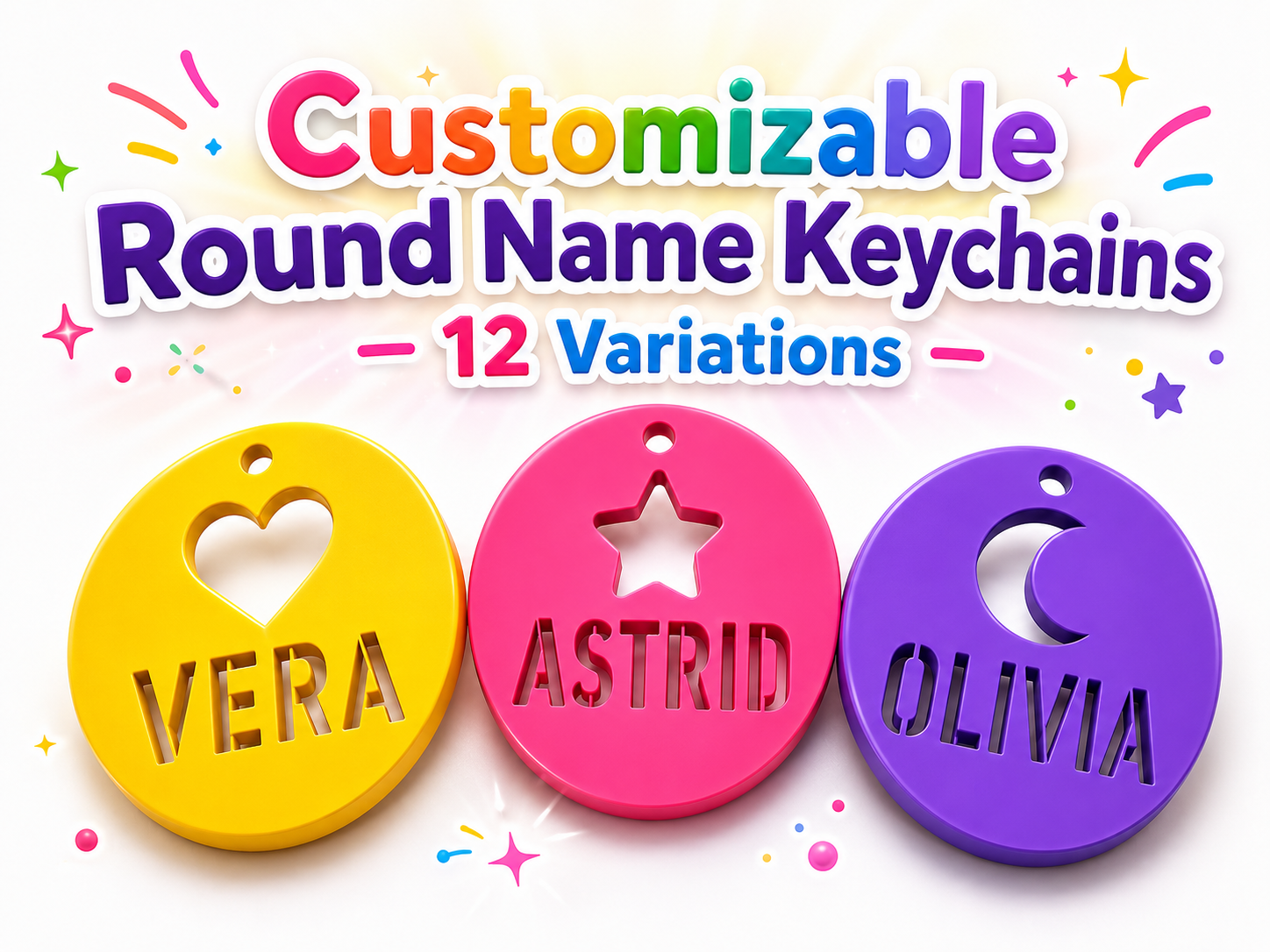 Customizable Round Name Keychains – 12 Variations