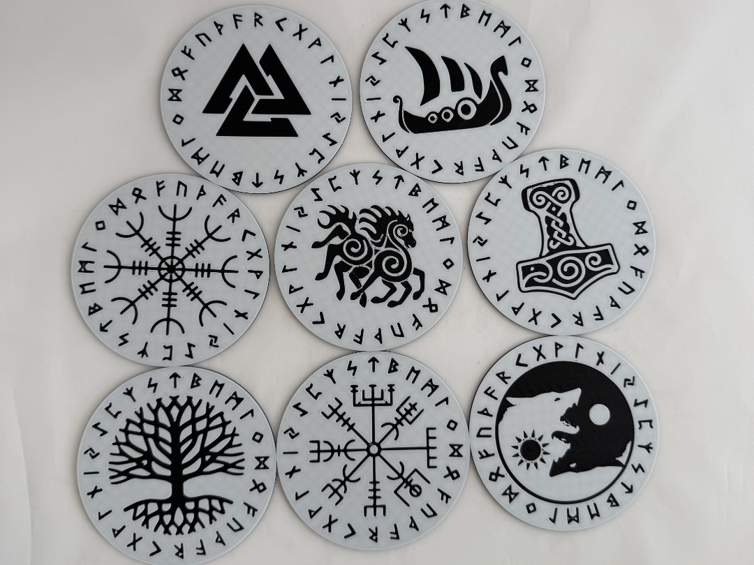 Nordic/Viking Coaster Set 8 Designs + Holder 100mm