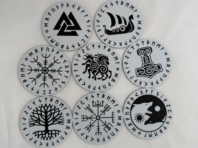 Nordic/Viking Coaster Set 8 Designs + Holder 100mm