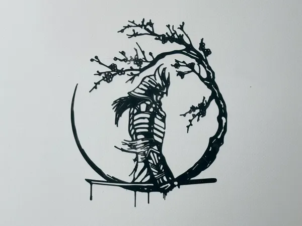 Décoration murale silhouette de samouraï sous un cerisier