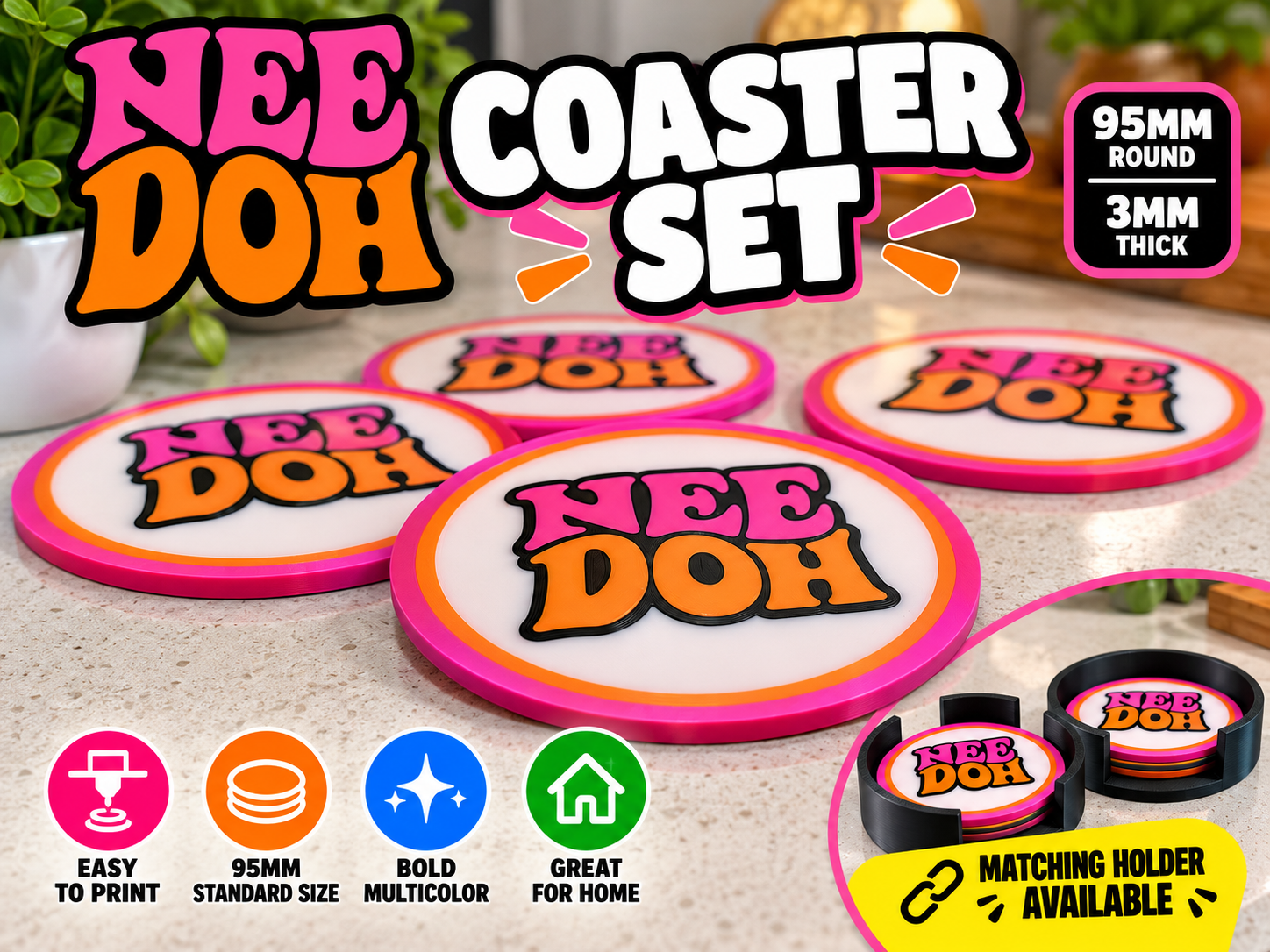 NeeDoh Coaster Set | 95mm Round Coasters 3D model