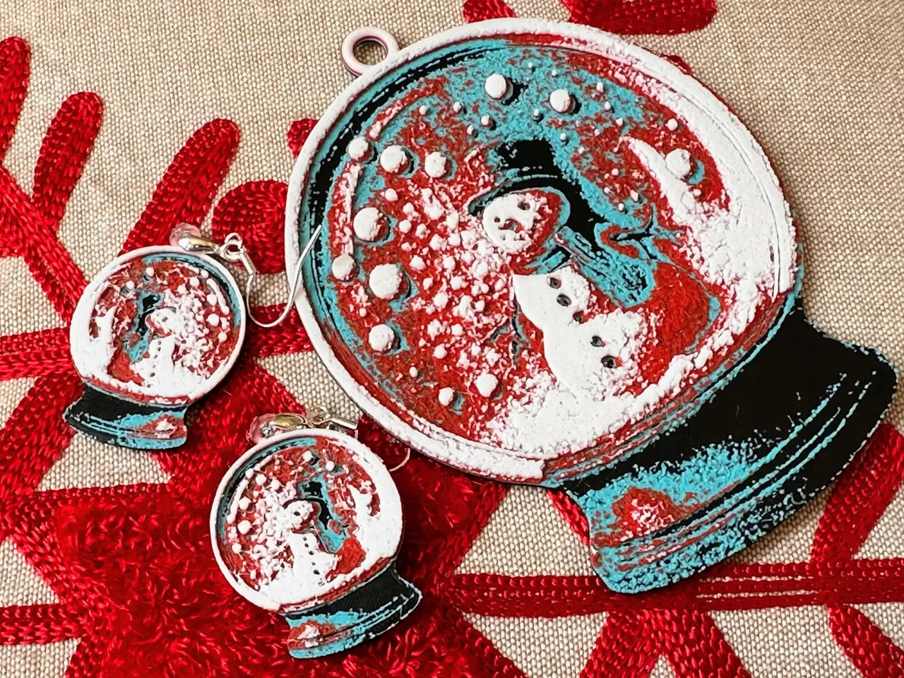Snowman Snow globe Ornament and Earrings view 4