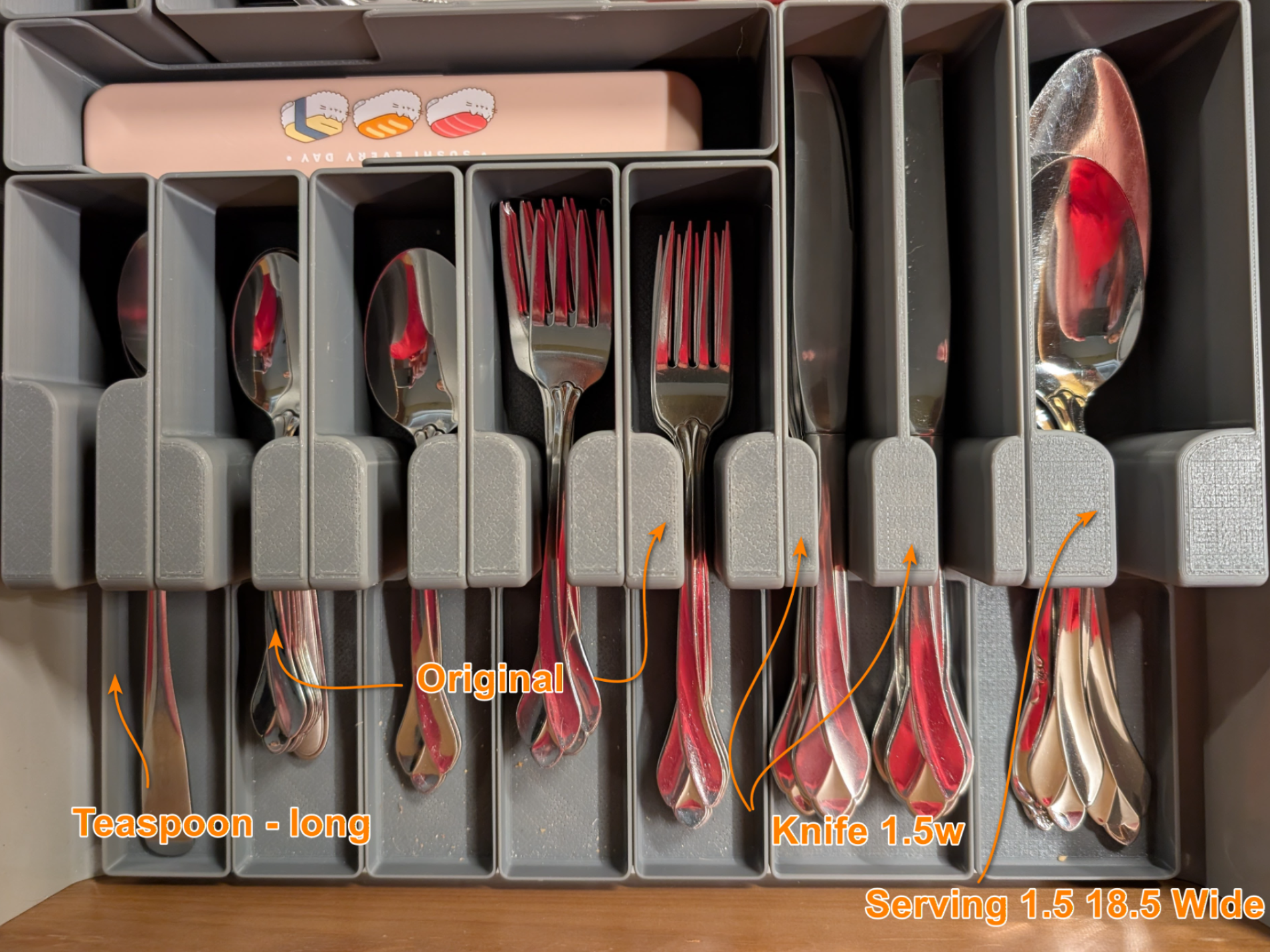 Gridfinity bins knives, teaspoons kitchen utensils