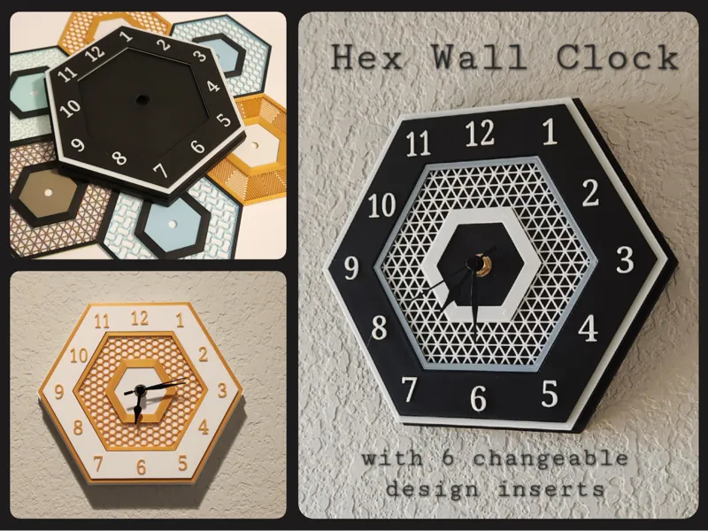 Hex Wall Clock with 6 Changeable Design Inserts