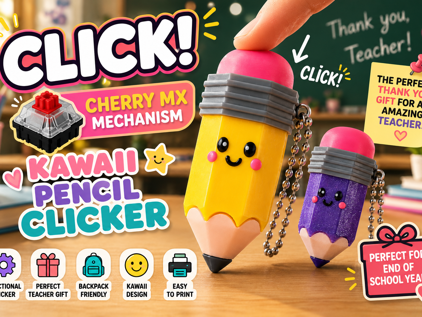 Kawaii Clicker Pencil Keychain – regalo para Profe